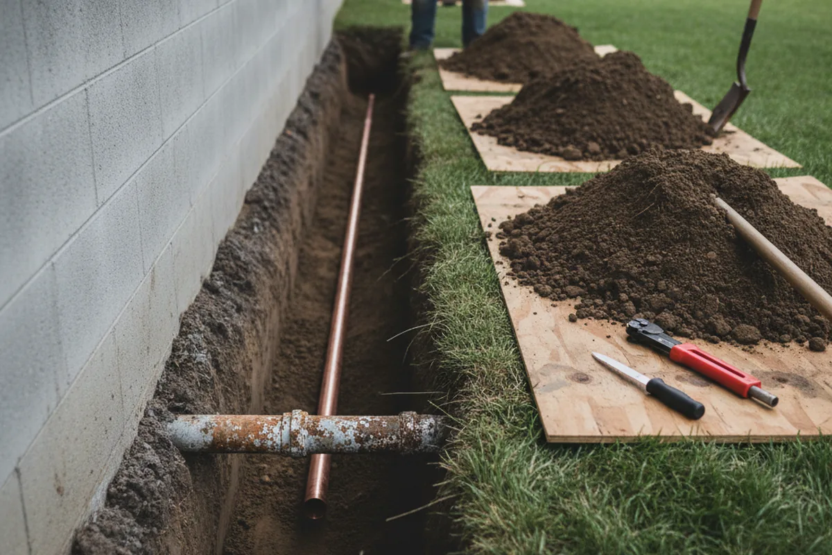 Excavated water line trench during Water Heater Repair in Bowen